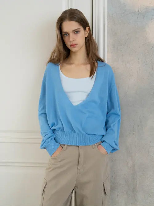 [HETHERMENT] v neck layered knit (marine) / 브이넥 레이어드 니트 (마린)