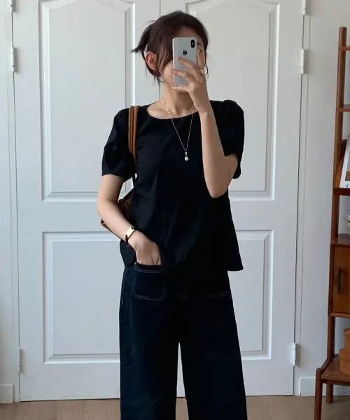 [DRAWFIT WOMEN] CAMPANULA PUFF SLEEVE BLOUSE [BLACK] / [드로우핏우먼 X 꾸니] 캄파눌라 퍼프 슬리브 블라우스 [BLACK]