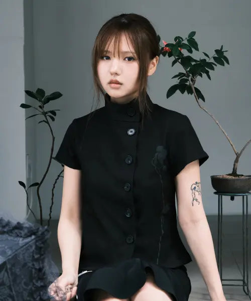 [FRAGFARM] Orchid Minimal Blouse (Black) / 호접란 오리엔탈 블라우스 (Black)