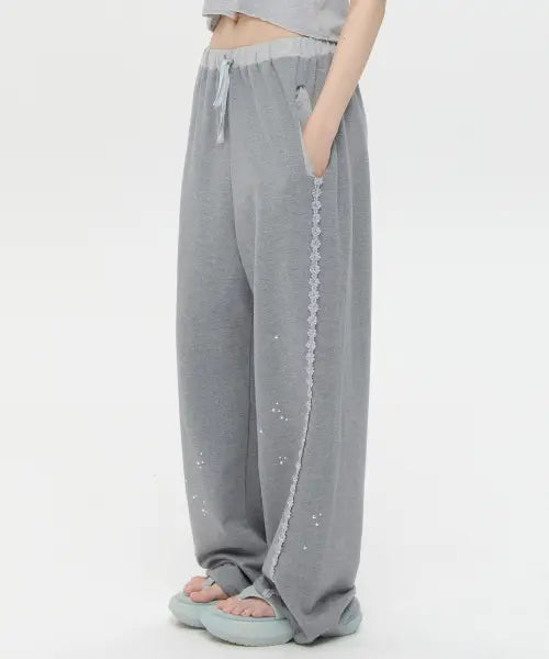 [TYPESERVICE] Lace Trim Hotfix SweatPants [Gray]