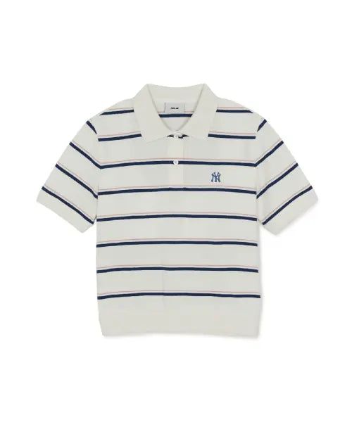 [MLB] Women's Varsity Stripe Cropped Polo T-Shirt (Ivory) / 여성 바시티 스트라이프 크롭 카라 티셔츠 NY (Ivory)