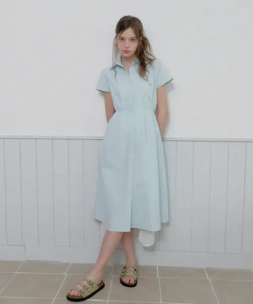 [TWEE] Diring Open Collar Seersucker Pintuck Long Dress / 디링 오픈 카라 시어서커 핀턱 롱 원피스