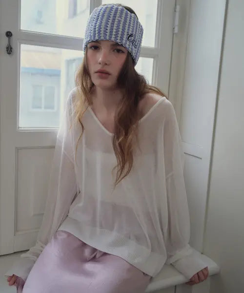 [CITTA] Sheer Deep V-neck Knit_CTK272(Ivory)