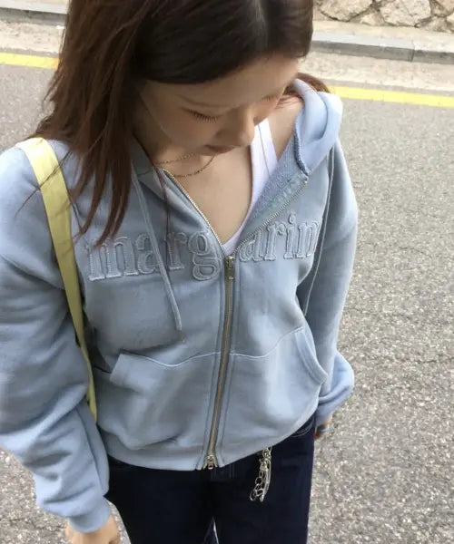 [STMG] Margarine Applique Loose two-way zipper Hoodie Zip-Up Blue / 마가린 아플리케 루즈 투웨이 지퍼 후드집업 블루