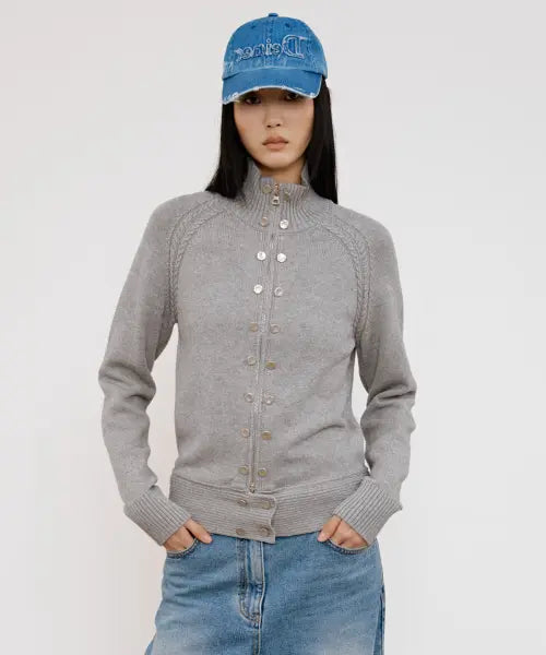 [DEINET] HIGH-NECK STUD KNIT OUTER IN MELANGE GREY