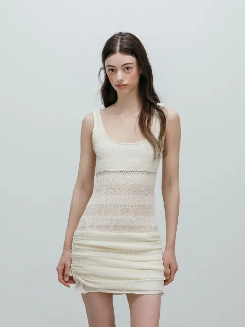 [MOIFAIRE] CROCHET SHIRRING MINI DRESS / IVORY
