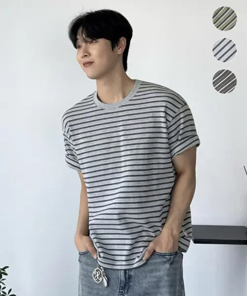 [FILLUMINATE] Semi Crop Tone On Tone Stripe T-shirt-3Color / 세미 크롭 톤온톤 스트라이프 티셔츠-3Color
