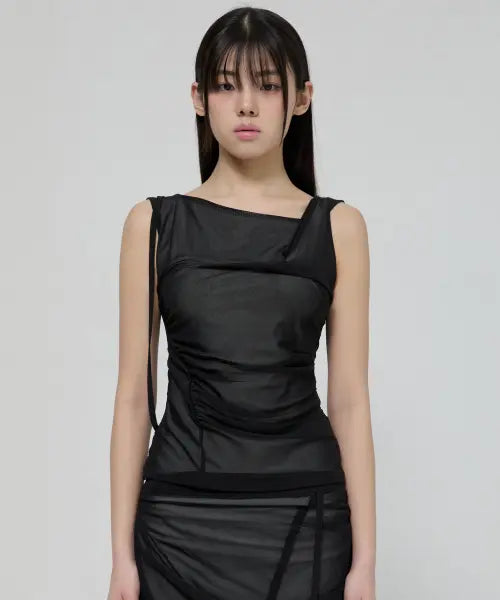 [FLAREUP] Draped Mesh Layered Sleeveless (FL-116_Black)