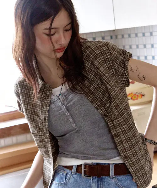 [LEATHERY] Moment Shirring Check Shirt [BROWN] / 모먼트 셔링 체크 셔츠 [BROWN]