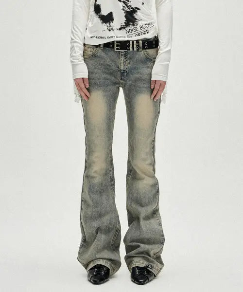 [NOT4NERD] W Symbol Stitch Low Rise Flare Fit Denim Pants - Light Blue