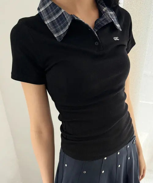 [CHICKS] Check Point Collar Short Sleeve T-Shirt Black / 체크 포인트 카라 반팔 티셔츠 블랙