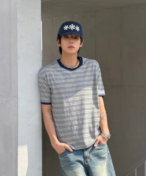 [AMOU] AMOU Multi Stripe Ringer T-Shirts Melange