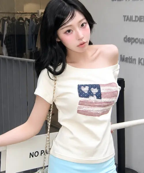 [ROGIN N ROSIE] USA banner lace one shoulder T-shirt Cream