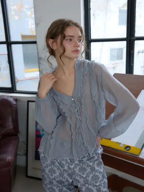 [NOT A HOBBY] Veil Ruffle Blouse_Gray / 베일 러플 블라우스_그레이