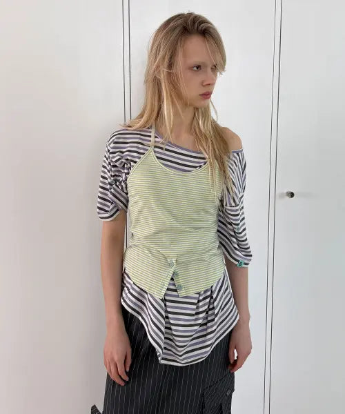 [HERETIC] BUTTON STRIPE STRAP HALTER TOP / lemon