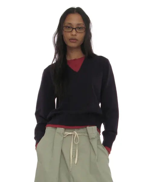 [PARTIMENTO WOMEN] COLORBLOCK DOUBLE LAYERED KNIT SWEATER_NAVY / 컬러블럭 더블 레이어드 니트 스웨터_네이비