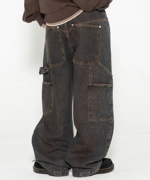 [XTONZ] XP323 Mud Washed Carpenter Baggy Denim Pants (Black) / XP323 머드 워싱 카펜터 배기 데님 팬츠 (BLACK)