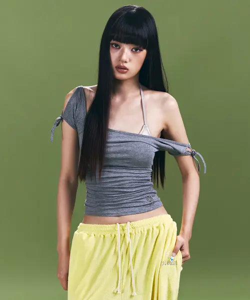 [PLEASENOFOLLOW] Vane Shirring Short Sleeve Top (Melange Grey)