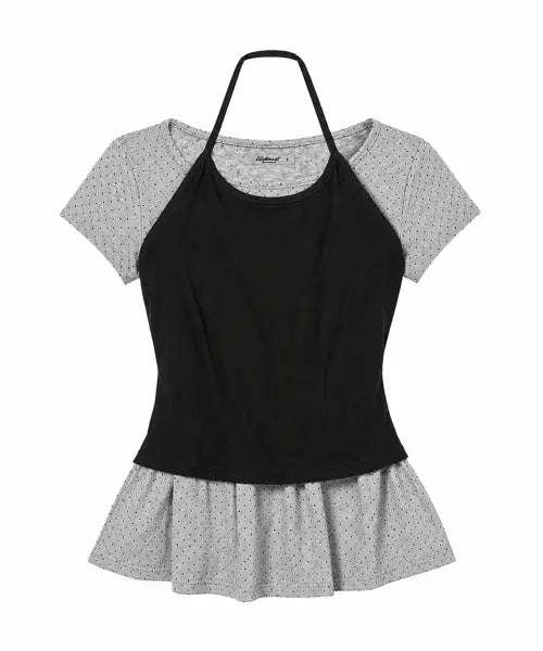 [LIKE THE MOST] Polka Dot Long Sleeve Layered Halter Neck Top Set_Grey Black / [반팔추가] 도트 롱슬리브 홀터넥 나시 레이어드 탑 세트_그레이 블랙