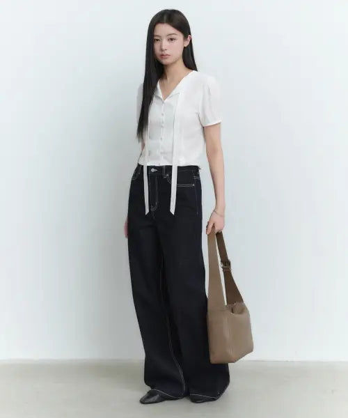[MUSINSA STANDARD WOMAN] Women's Puff Sleeve Tie Blouse [White] / 우먼즈 퍼프 슬리브 타이 블라우스 [화이트]