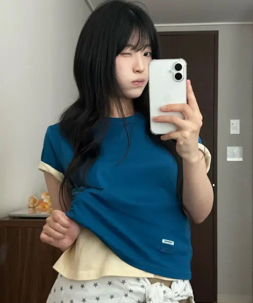 [RONRON] MINI LABEL CROP SHORT SLEEVE DEEP BLUE