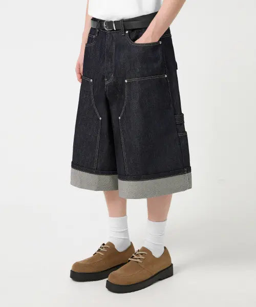 [TRILLION] ROLL-UP RAW DENIM BERMUDA WIDE SHORTS_INDIGO / 롤업 생지 데님 버뮤다 팬츠_인디고