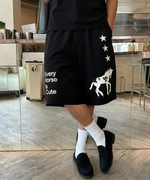 [UNDEROFF] Balloon Curved Sweat Bermuda Shorts - Horse Black / 벌룬 커브드 스웨트 버뮤다 팬츠 호스 블랙