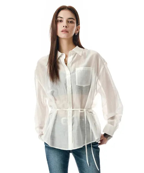 [SECONDMONO] Sheer Side Tuck Oversized Fit Shirt [IVORY]_SEWSH009IVORY