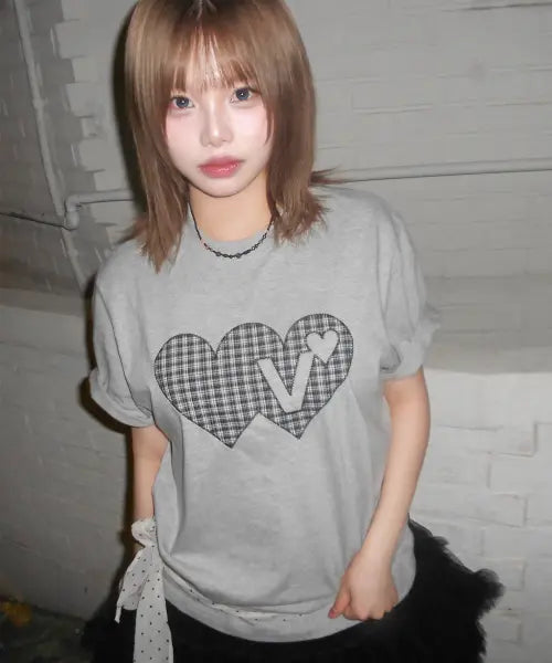 [VIDEO JOCKEY] Double Double Heart T-Shirt [Melange Grey] / 더블더블하트 티셔츠 [멜란지그레이]