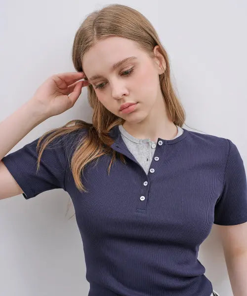 [MIND BRIDGE WOMEN] [W]Henley neck V-neck T-shirt - 3color / [W]헨리넥 골지 티셔츠 - 3color