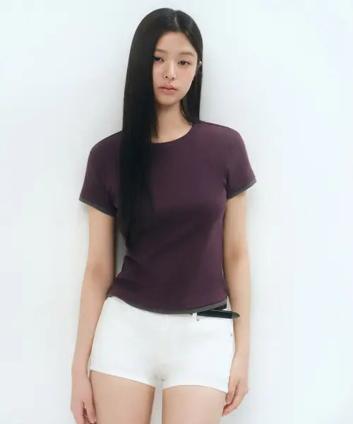 [MUSINSA STANDARD WOMAN] Women's Layered Hem Slim T-shirt [Plum] / 우먼즈 레이어드 헴 슬림 티셔츠 [플럼]