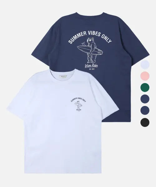 [2ELA] Unisex Surfing Bear Graphic Solona Round Short Sleeve T-Shirt (6 Colors) / 남녀공용 서핑베어 그래픽 소로나 라운드 반팔 티셔츠 6 Colors
