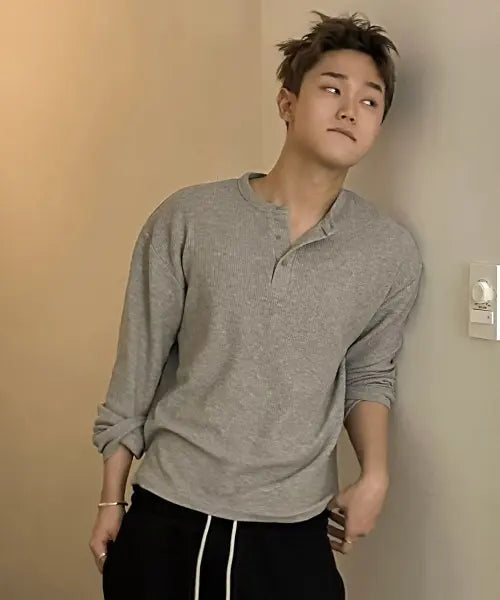 [LXT] Waffle Henely Neck Crop T-Shirt [Gray] / 와플 헨리넥 크롭 티셔츠 [그레이]