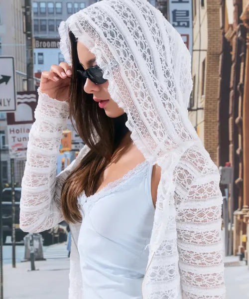 [ROSEANNE] Malibu Lace Zip-Up Hoodie (Pure White)