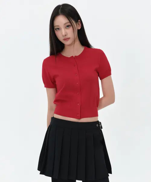 [MUSINSA STANDARD WOMAN] Women's Essential Round Neck Short Sleeve Cardigan [Red] / 우먼즈 에센셜 라운드 넥 반소매 가디건 [레드]