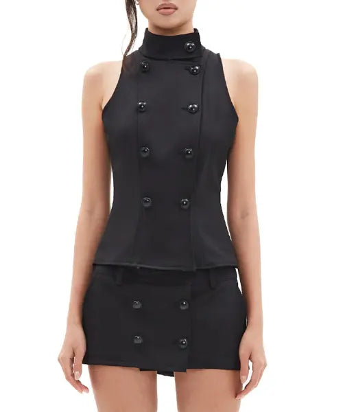 [HILLDA] Tailored Half-Neck Button Vest [Black] / 테일러드 하프넥 버튼 베스트 [블랙]