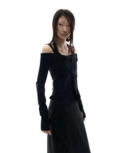 [OJOS] Off-Shoulder Halter Zip-Up / Black / Off-Shoulder Halter Jacket / Black