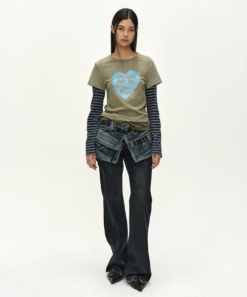 [ADSB ANDERSSON BELL] LAYERED HEART MESSAGE LONG SLEEVE T-SHIRT (KHAKI)