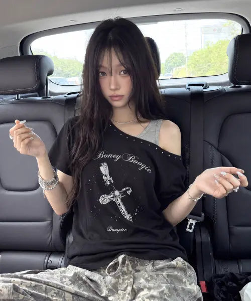 [DAUSPICE] (DUC) BB Layered One-Shoulder T-Shirt Black