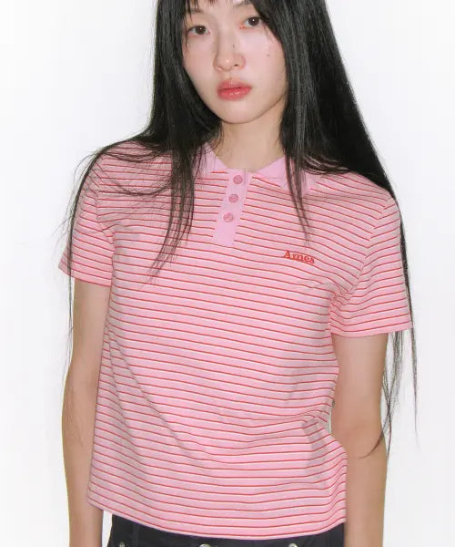 [AMES-WORLDWIDE] BASIC STRIPE COLLAR TEE PINK
