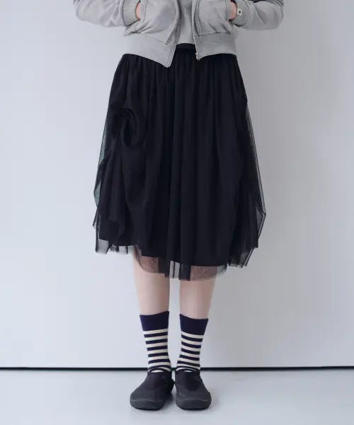 [OHESHIO] SHEER DRAPE BANDING SKIRT, BLACK