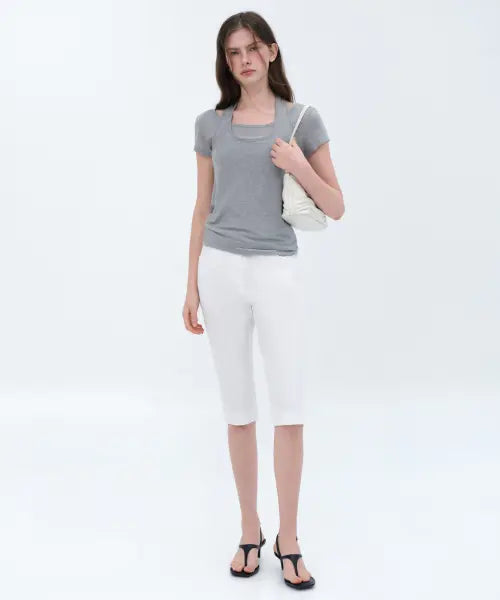 [MUSINSA STANDARD WOMAN] Women's Wool Tencel Halter Layered T-shirt [Medium Grey] / 우먼즈 울 텐셀 홀터 레이어드 티셔츠 [미디엄 그레이]