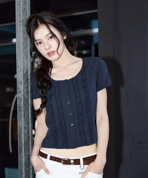 [KIRSH] RUFFLE POINT PUFF SLEEVE BLOUSE [DARK NAVY] / 러플 포인트 퍼프 슬리브 블라우스 [다크 네이비]
