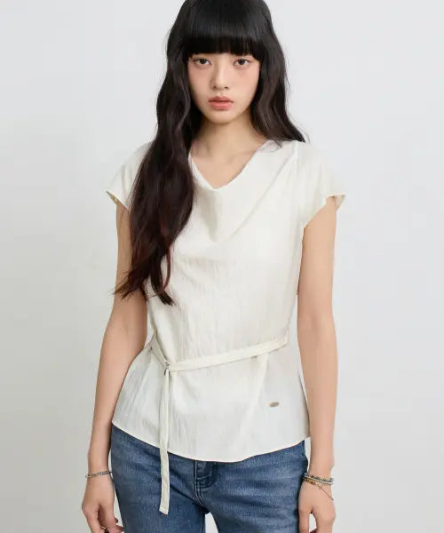 [EUGGEN] COWL NECK DRAPED BELTED BLOUSE_IVORY / 카울넥 드레이프 벨티드 블라우스_아이보리