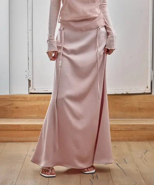 [LONDONDADA] Glossy Satin Long Skirt, SOFT PINK