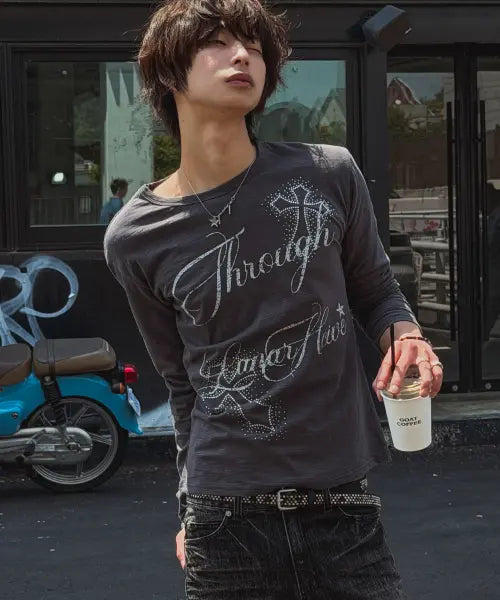 [LANARCHIVE] [0149] Cross Hotfix Slub Lettering Long Sleeve - Charcoal / [0149] 크로스 핫픽스 슬럽 레터링 롱슬리브 - 차콜