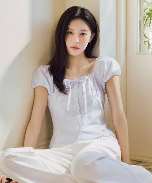 [MARITHÉ + FRANҪOIS GIRBAUD] W CAP SLEEVE RIBBON BLOUSE sky blue