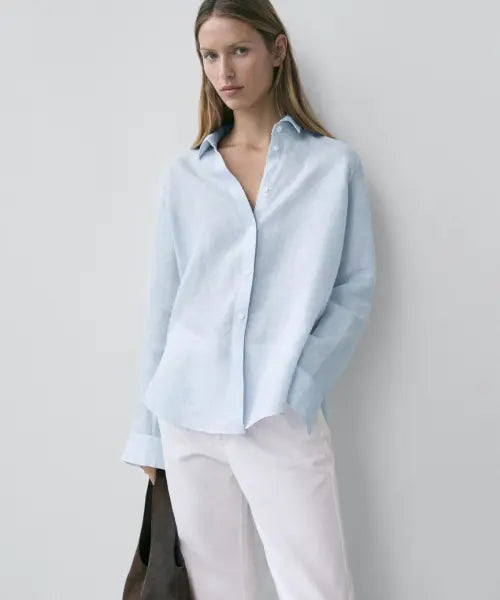 [MASSIMO DUTTI] 100% Linen Pinstripe Print Loose Fit Shirt / 100% 린넨 핀스트라이프 프린트 루즈핏 셔츠