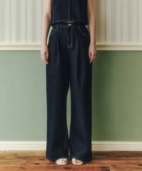[ZEROSTREET] PINTUCK WIDE DENIM PANTS / 핀턱 와이드 데님 팬츠 / 딥인디고