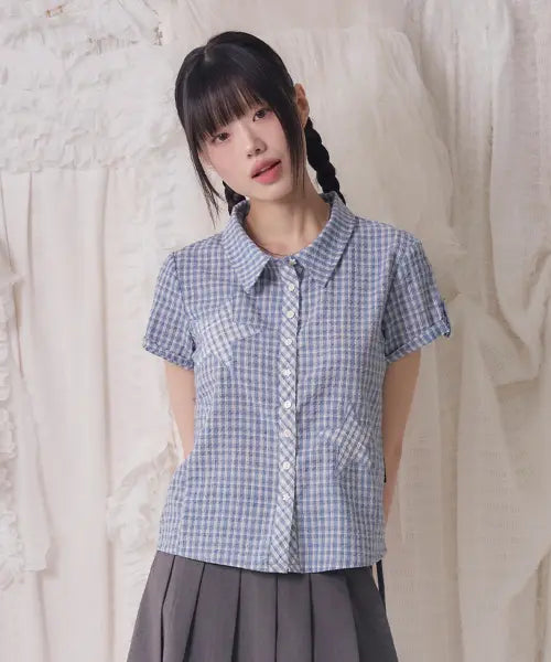 [PRENDA] STAR PATCH ROLL UP CHECK SHORT SLEEVE SHIRT BLUE